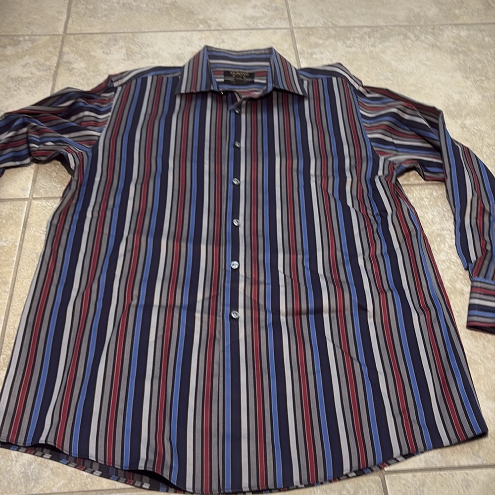 Murano Men's Striped Button Down Shirt - Blue, Red, Black - Picture 12 of 15